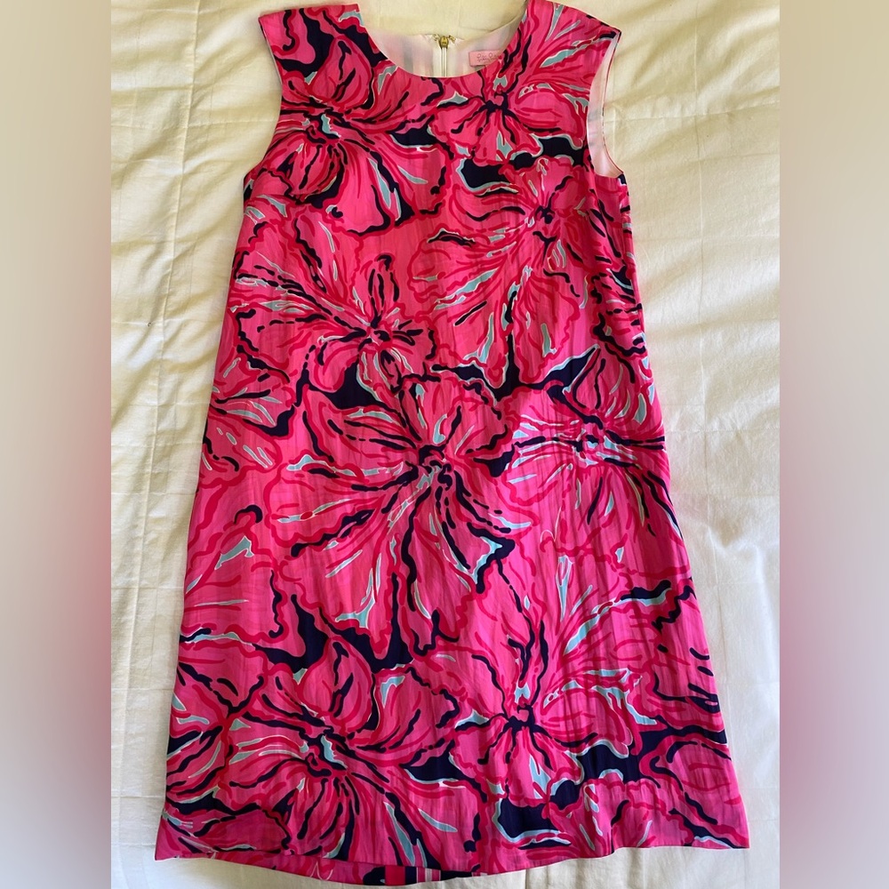 Lilly Pulitzer Pink Floral Satin Shift Dress | Bright Bold Print | Size XS